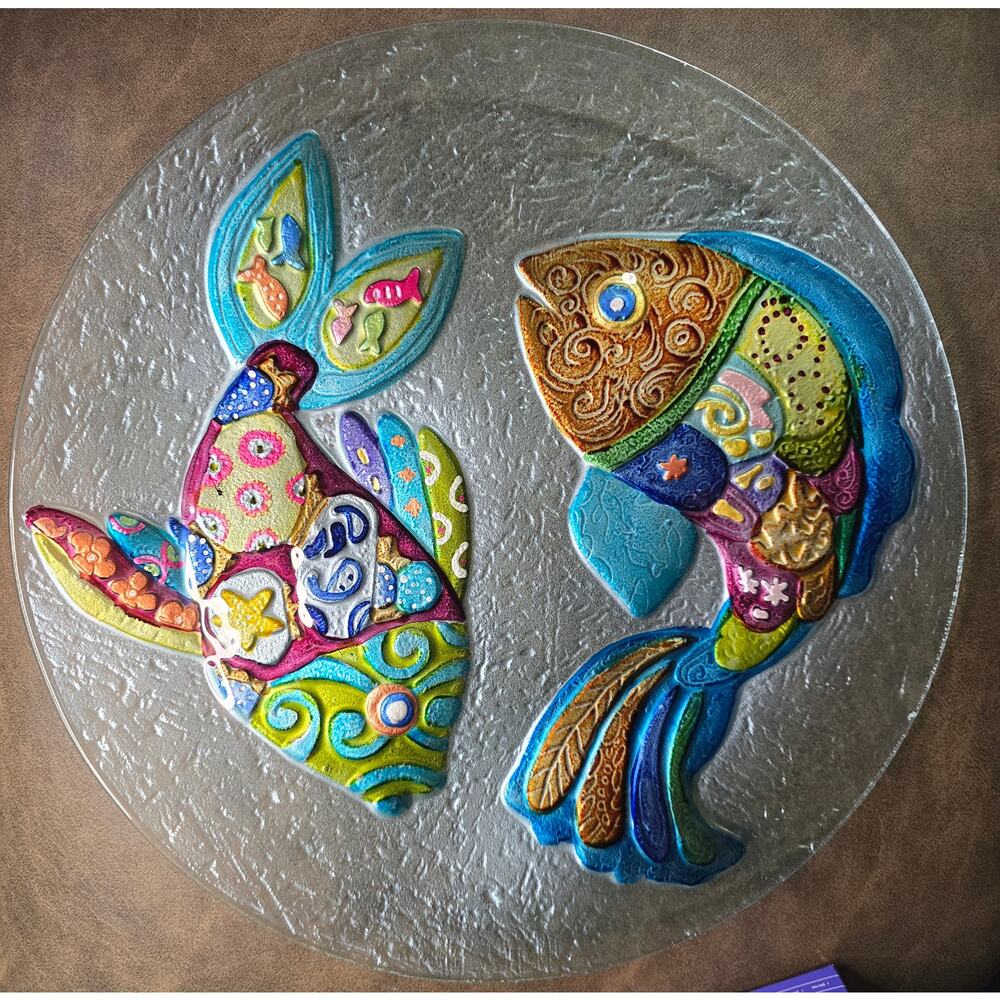 Blue Glass Plate with Fish for Decor (13 inch)